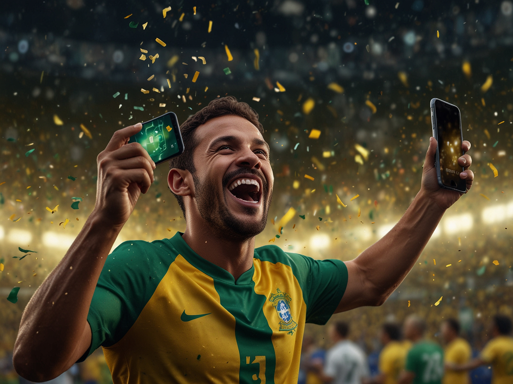 Celebrating football fan with mobile betting app open