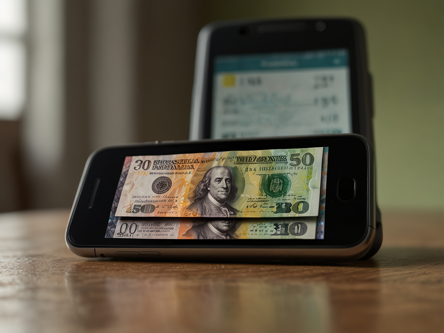 Phone showing withdrawal confirmation and cash